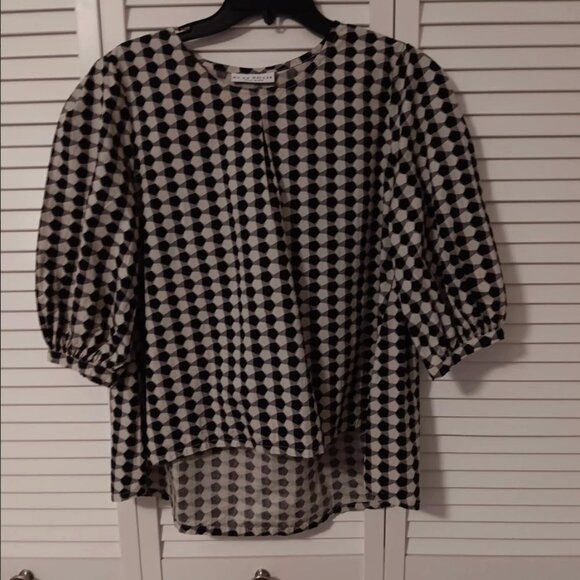 Bryn Walker Lucinda Poplin Checkered Black Beige Gray Geometric Top NWOT - Picture 1 of 5